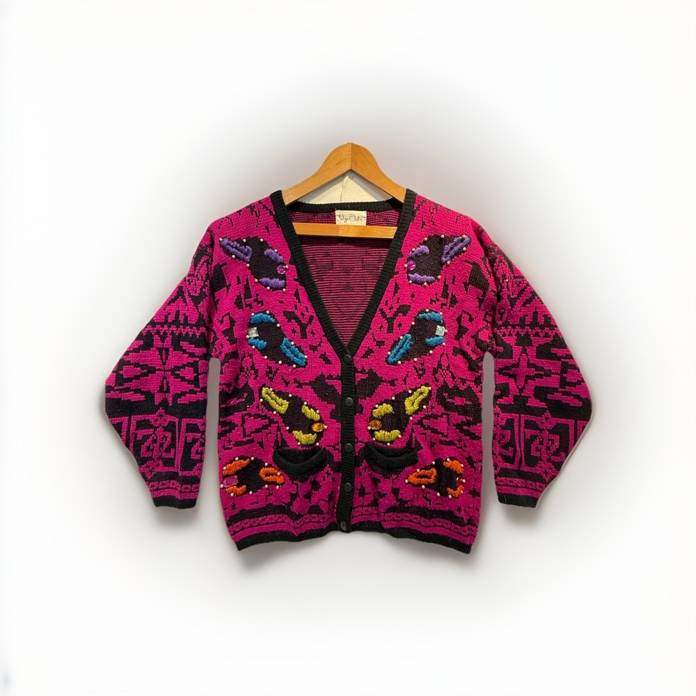 Vintage 80s Wye Oaks Barbie Pink Fuchsia Knit Cardigan Button‎ Front Medium